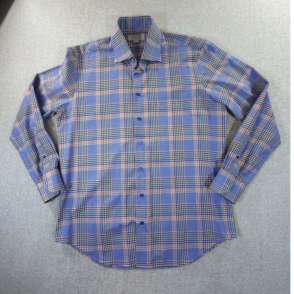 Hagen Carmel Men Large Blue Peach Plaid  Long Sleeve Button Front Casual Shirt
